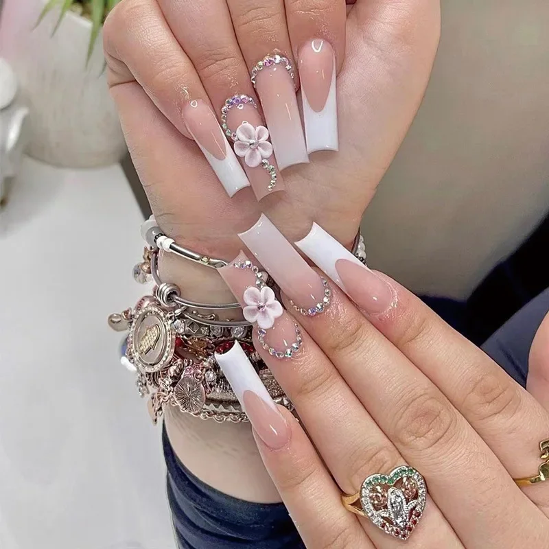 24Pcs French False Nails Long Square Wearable Artificial Nails Sweet Cute Nails with Wave Flower Gold Bead Full Cover Nail Tips