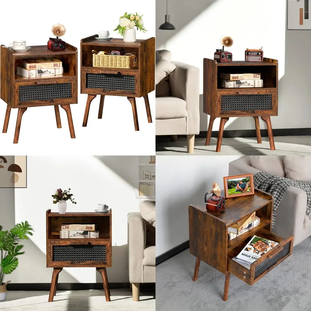 

Boho Style Rattan Nightstands Pair, Drawer and Open Shelf Side Tables, Solid Wood Leg Accent Bedside End Tables