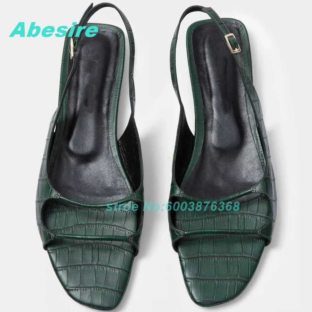 Black Crocodile Slingback Sandals Square Toe Flat with ankle-strap women's sandals Casual concise summer Office lady Shoes