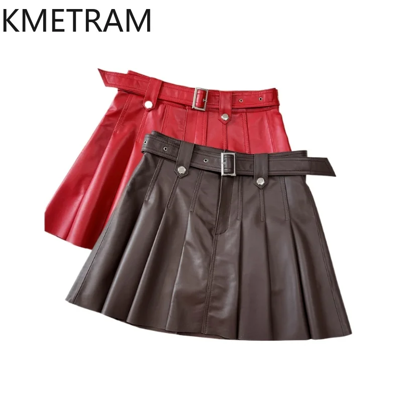 KMETRAM 100% Top Layer Sheepskin Skirts for Woman 2025 Genuine Leather Pleated Skirt Autumn Korean Fashion Clothing юбка шорты