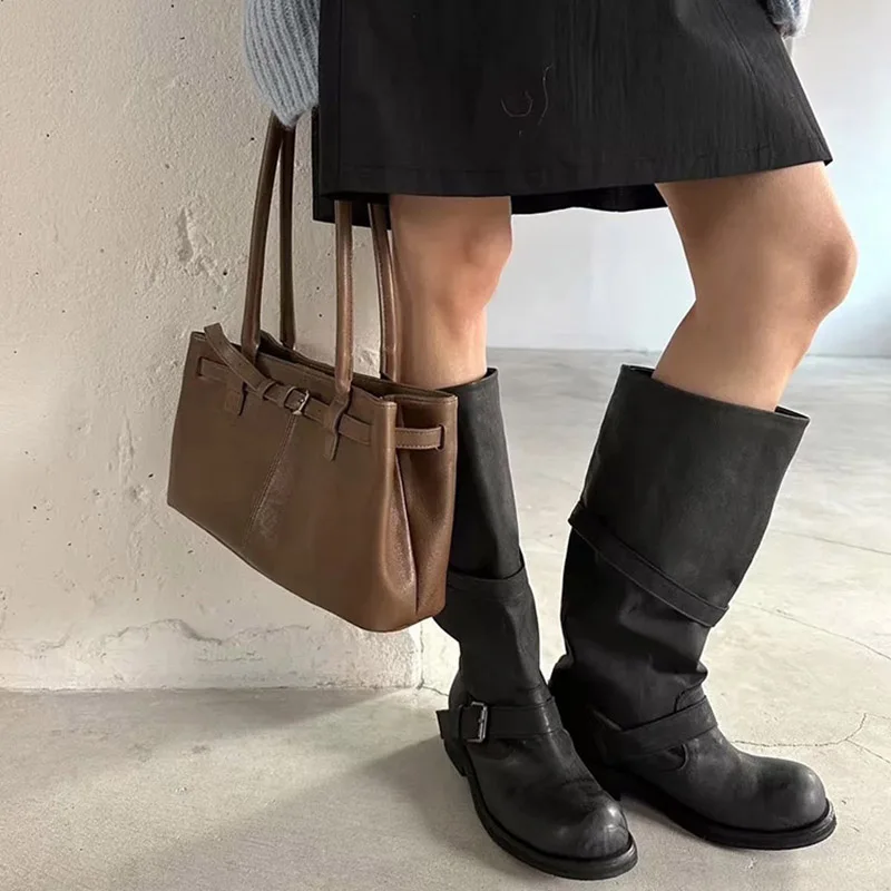 

New Retro Belt Buckle Knight Boots Women Thick High Heels Boots Women Round Toe Cowboy Western Boots Women Knee-High Boots Women
