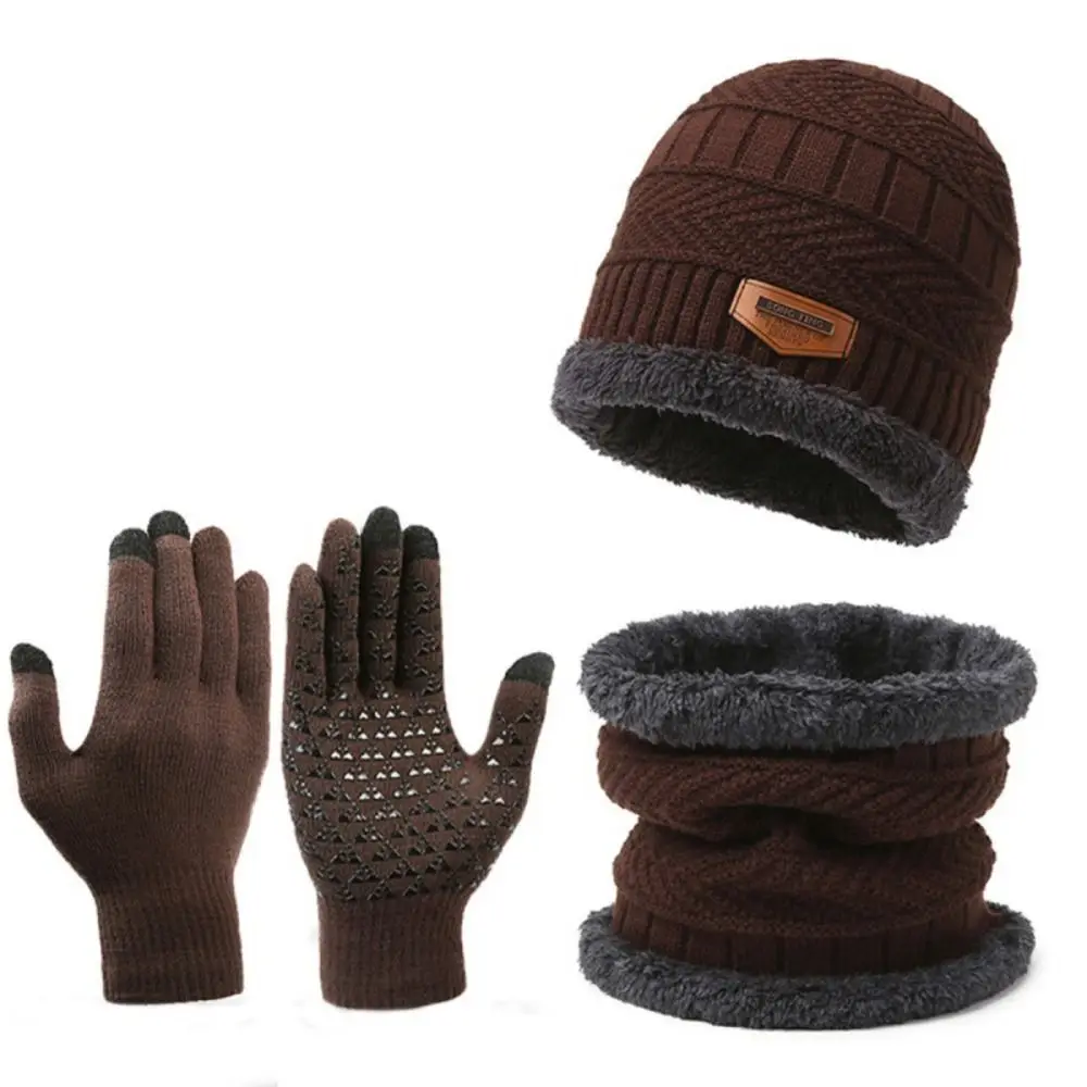 Fashion Knitted Hat Scarf Gloves Set Thickened Windproof Ear Protection Beanie Touch Screen Gloves Winter