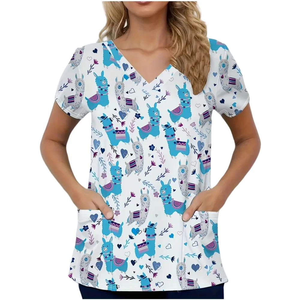 Medical Uniform for Women Cute Animal Pattern V-Neck Vet Medico Fashion Short Sleeve Patch Pocket Dental Clinical Uniform Woman