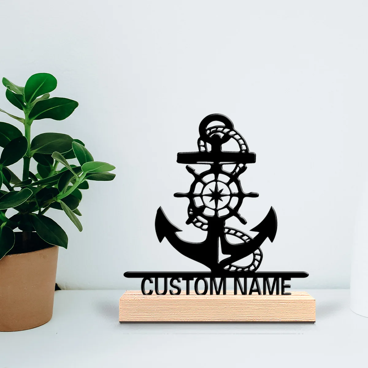 1pc Stylish Personalized Custom Marine Anchor Metal Statues Nautical Desk Art with Wooden Base Ideal for Sailors Map Lovers