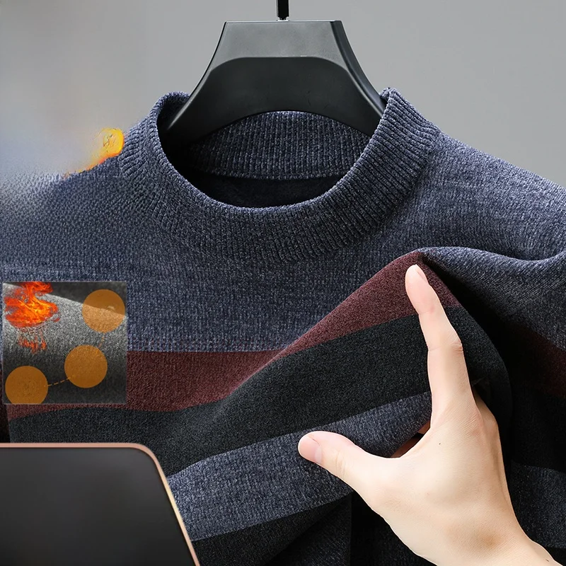 Men's Winter Thiened Fce f-High Collar Knitted Sweater Casual Stripe Faionable Base irt Soft Warm Long Sve