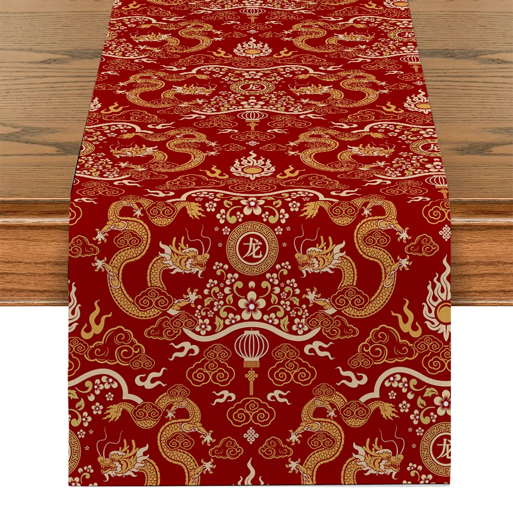 1-Piece Chinese Dragon Ethnic Style Table Runner, Reusable, Festive Celebration Atmosphere Table Runner