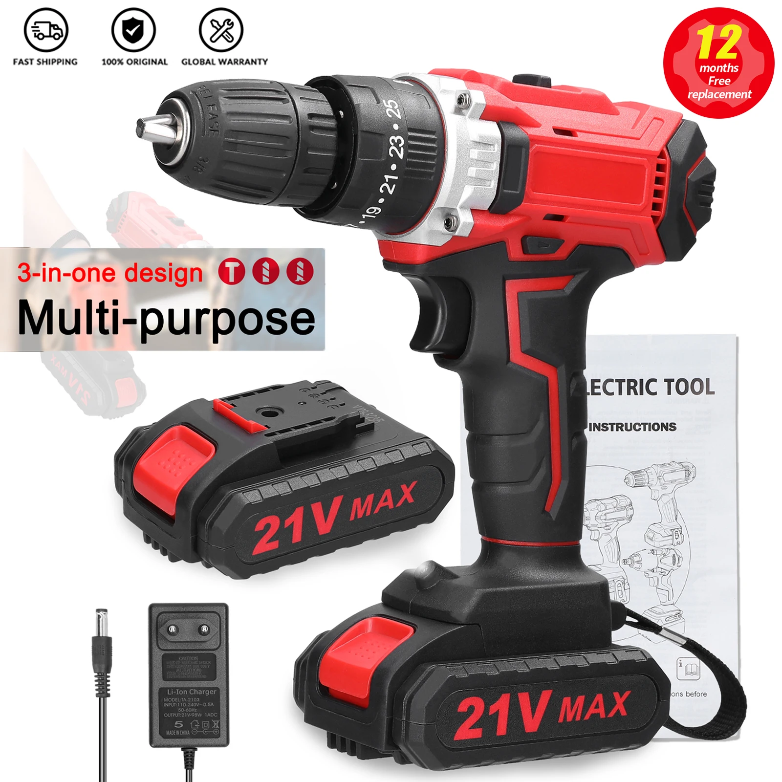 Беспроводная электрическая дрель, бесступенчатая регулировка скорости, поворот, 25 скоростей вращения, литий-ионная отвертка, 21 в шуруповерт аккумуляторный отвертка аккумуляторная