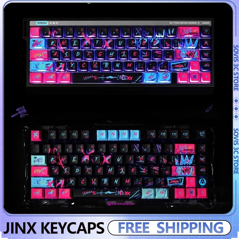 

Колпачки для клавиш Jinx, аниме Pbt Cherry Profile, боковые полупрозрачные колпачки для клавиш с двойными городами, военные граффити для механической клавиатуры