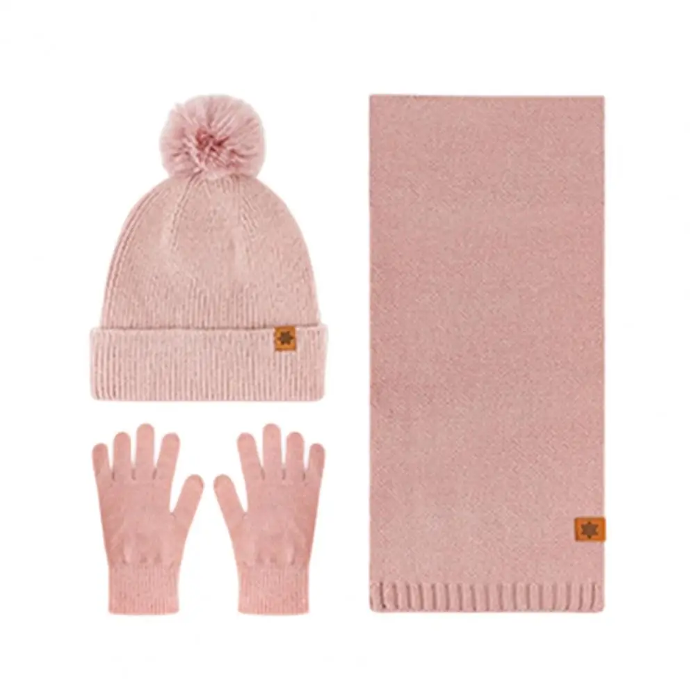 Windproof Warm Winter Hat Set 3pcs Women Winter Hat Scarf Gloves Set Double-layer Velvet Plush Ball Protection for Ski