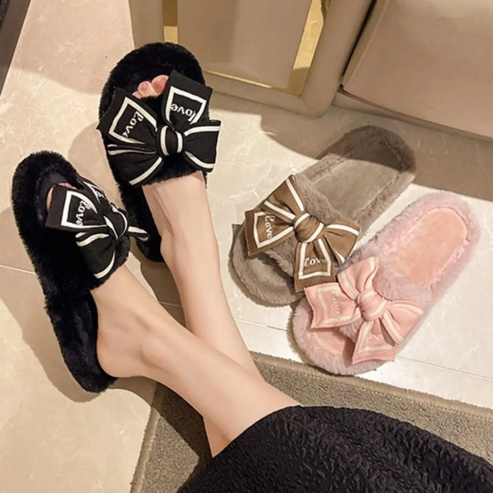 Comfortable Soft Bowknot Fur Slippers Thick Sole Warm Plush One-line Slippers Cute Non-Slip Home Slippers Shoes Bedroom