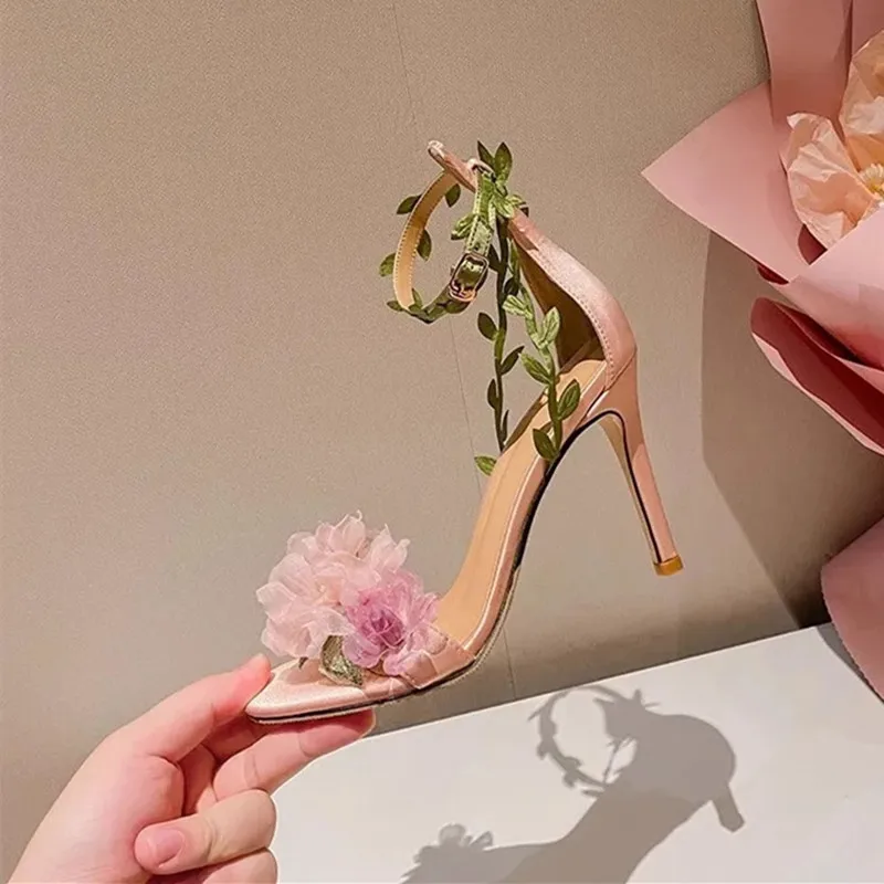 

Pink Flower High Heels Sandals Fantasy Wedding Shoes for Women New One Line Vine Strap Stiletto Heel Sandals Female Size 40