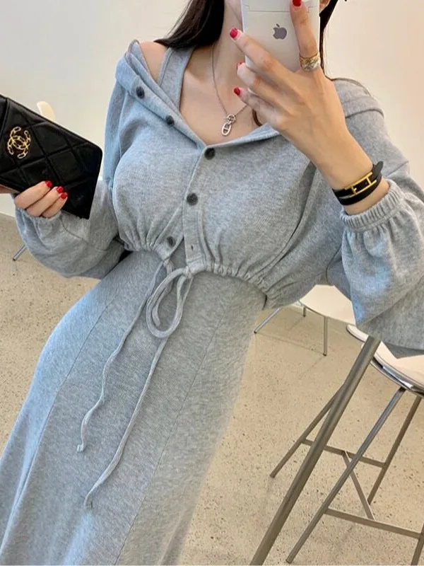 Korean Style Ins Open Cardigan Vest Dress Two Piece Set Casual Cotton Ladies T-Shirt Daily Wear Autumn Collection 2026