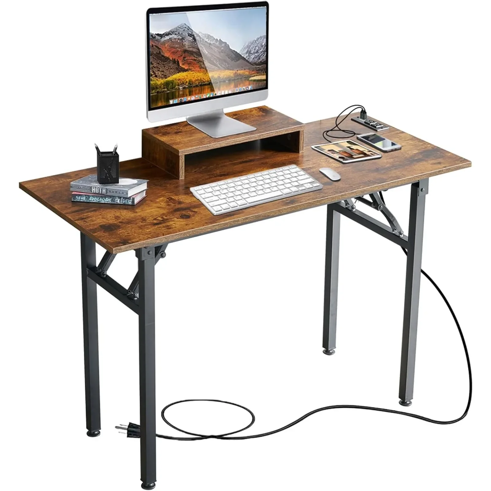 

US Computer Desk with Power Outlet and Monitor Shelf Included 43.3" Length Folding Table,