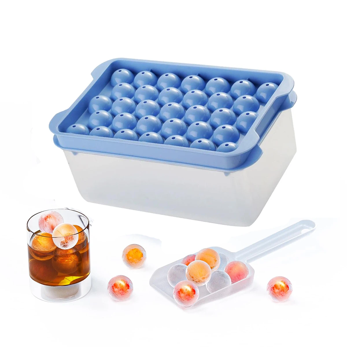 Ice Cube Tray For Freezer, Small Round Ice Tray With Lid and Bin,Sphere Ball Ice Mold For Whiskey Cocktails Drinks Coffee Juices