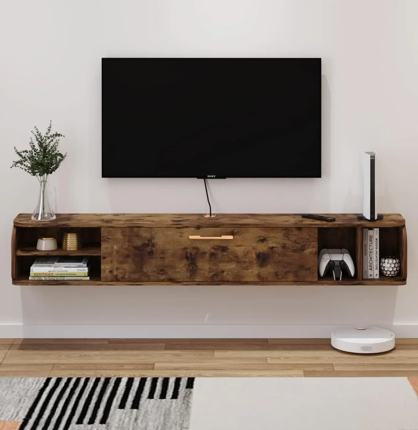 

Floating TV Unit, 67'' Wall Mounted TV Cabinet, Floating Shelves with 4 Cabinets, Wooden Entertainment Media Console Center