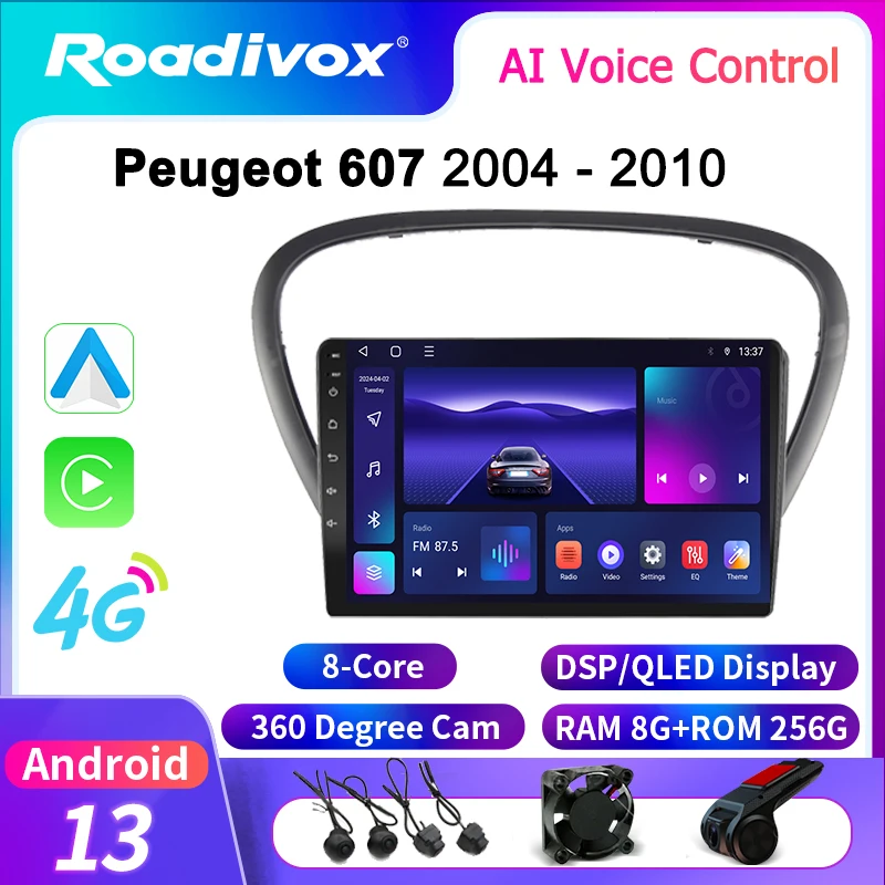 roadivox Android car radio for Peugeot 607 2004  2010 GPS Navigation video screen Multimedia Player tape recorder carplay