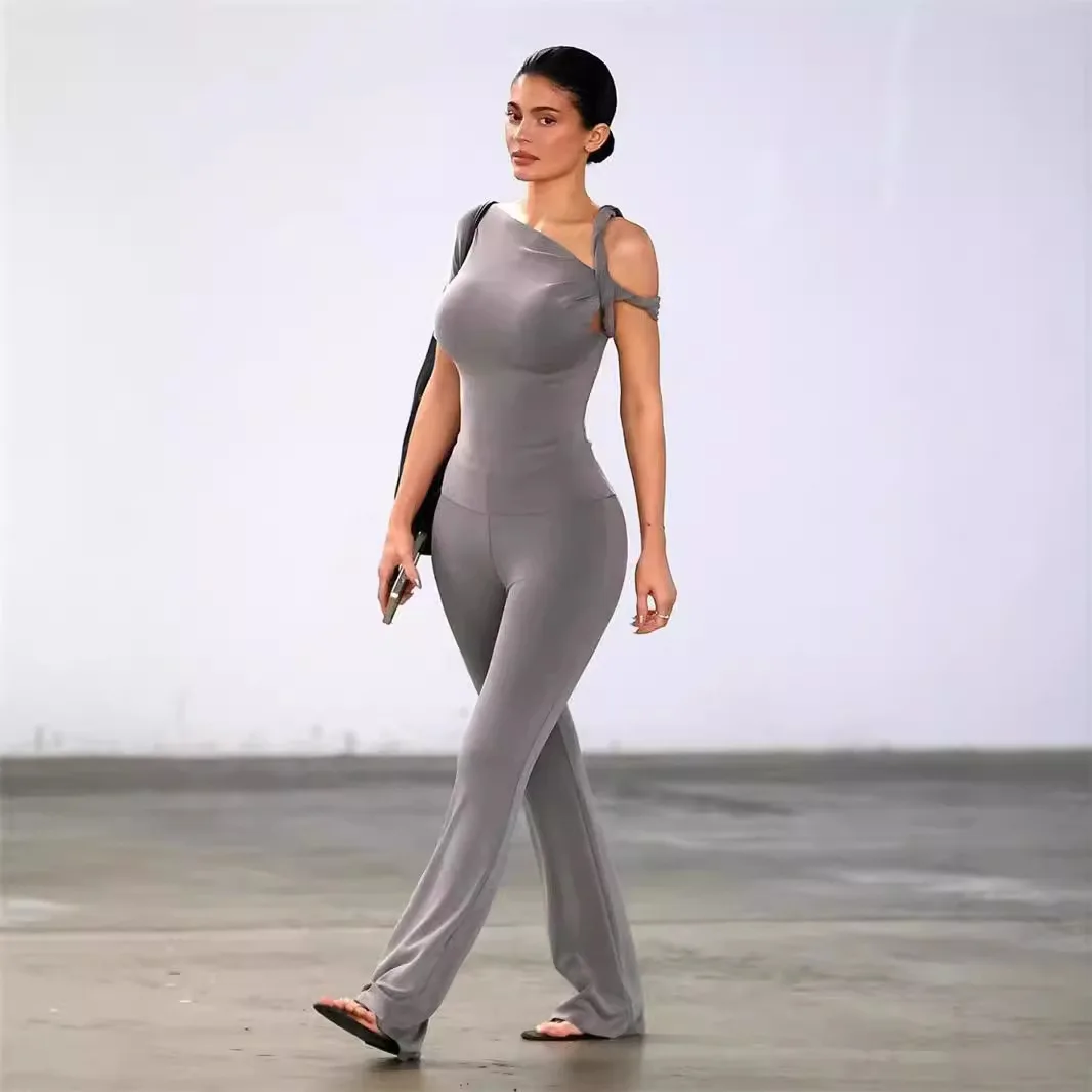 Kylie novedad de verano ropa de mujer Color sólido Casual Sexy hombro inclinado cómodo mono ajustado Top