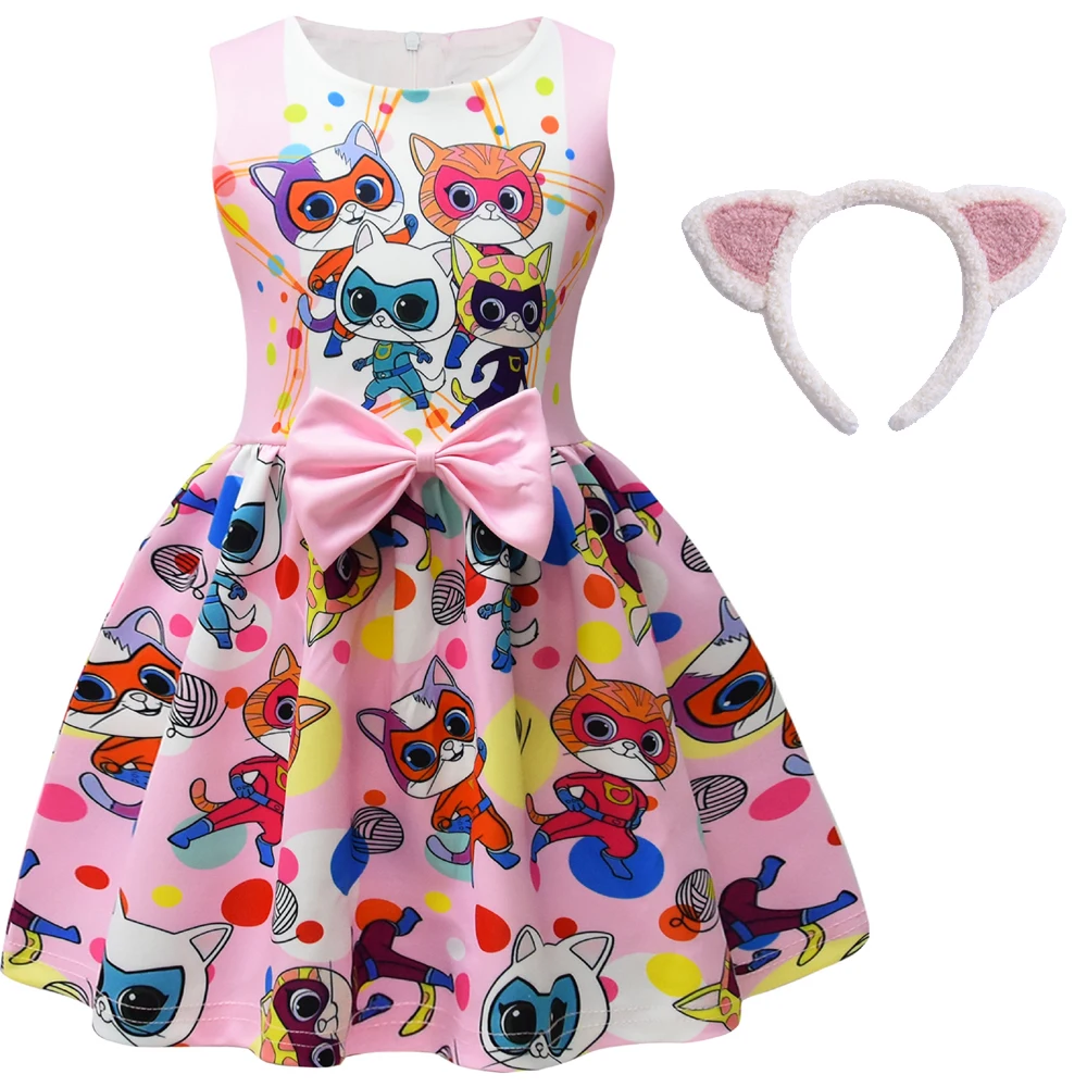 SuperKitties Kids Summer superhero Dress neonate Cute Bow Princess Dress Toddler Girls Birthday Party Dresses con copricapo