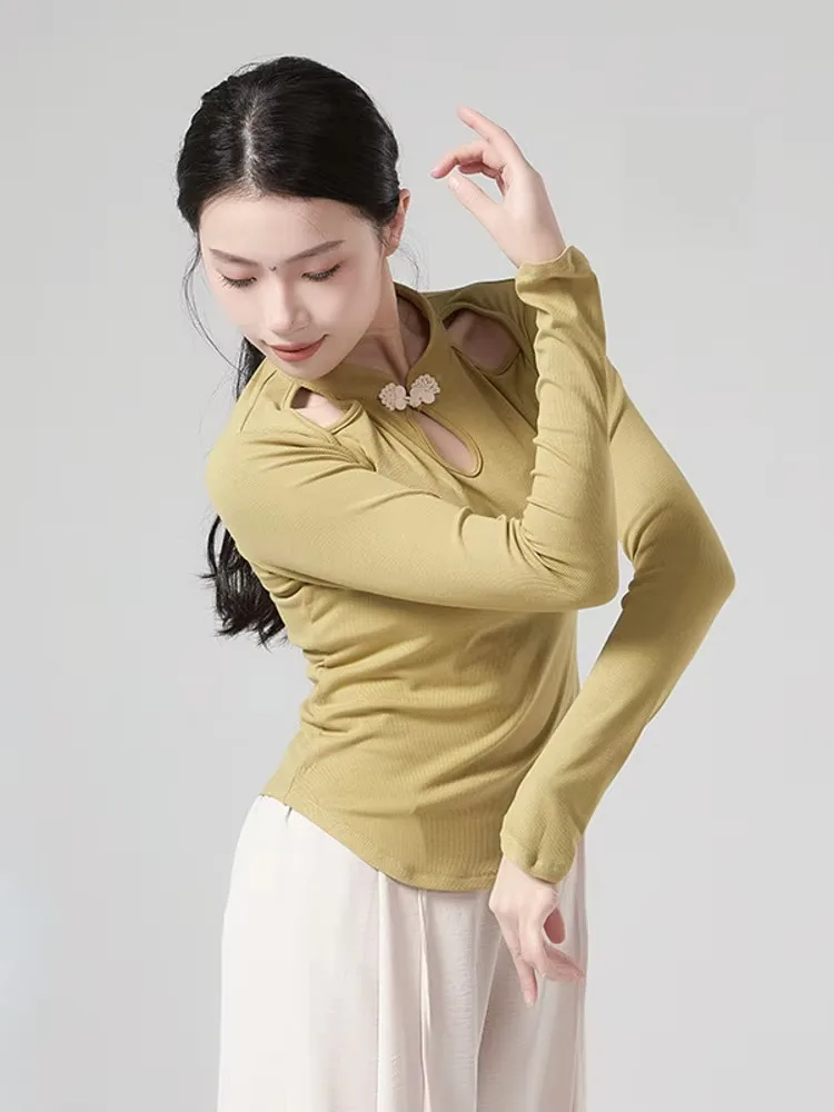 Haut de danse à col montant de couleur unie pour femmes, chemise ajourée à manches longues avec boutons décoratifs, idéal pour le scène de ballet