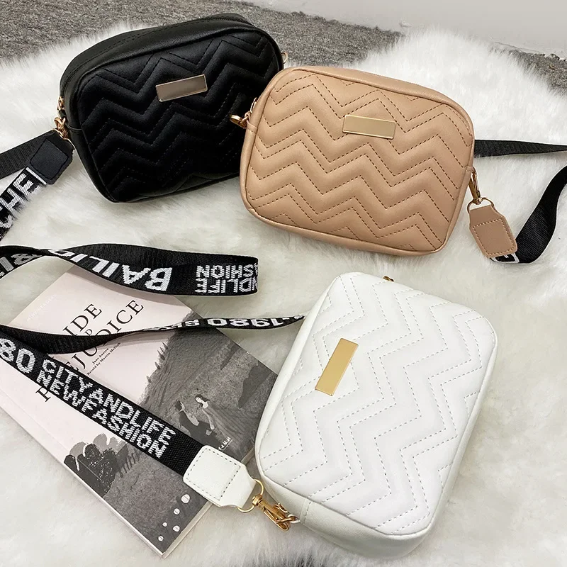 Fashion Wave Pattern Women Shoulder Bag Solid Color Crossbody Bag Pu Leather Wide Shoulder Strap Bag Purse Female Handbags