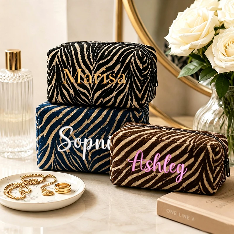 Personalized Embroidered Zebra Makeup Bag Custom Bridal Party Cosmetic Travel Pouch Bridesmaid Gift Birthday Gift for Her