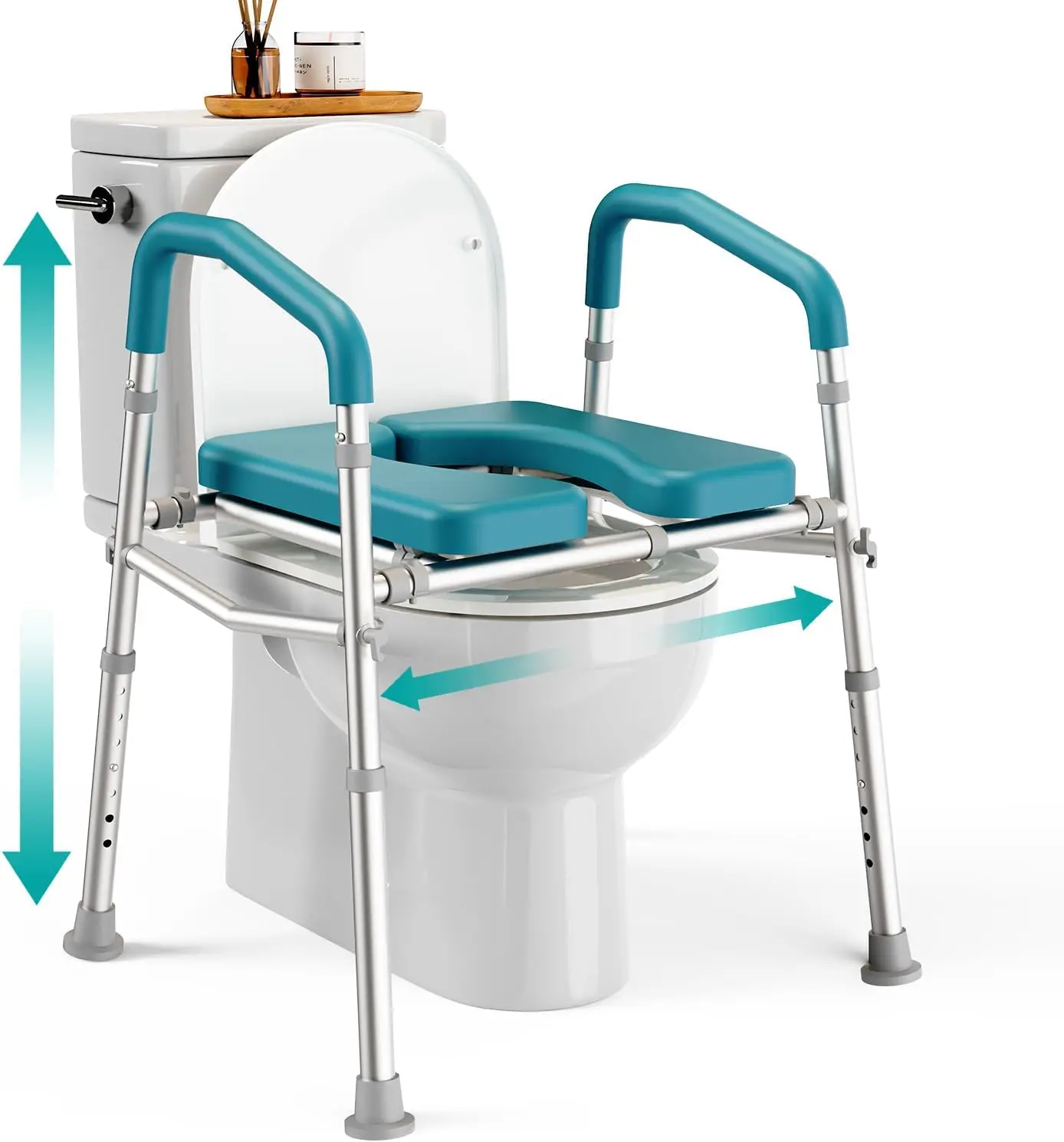 

Adjustable Height & Width Raised Toilet Seat with Handles for Elderly, 400lb Capacity, Teal Color