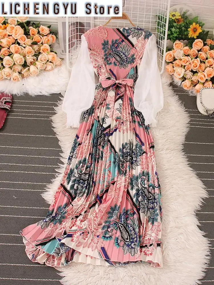 

Sweet Style Long Dresse For Women Print Patchwork Pleated Long-sleeve High Waist Dresses Spring Summer New