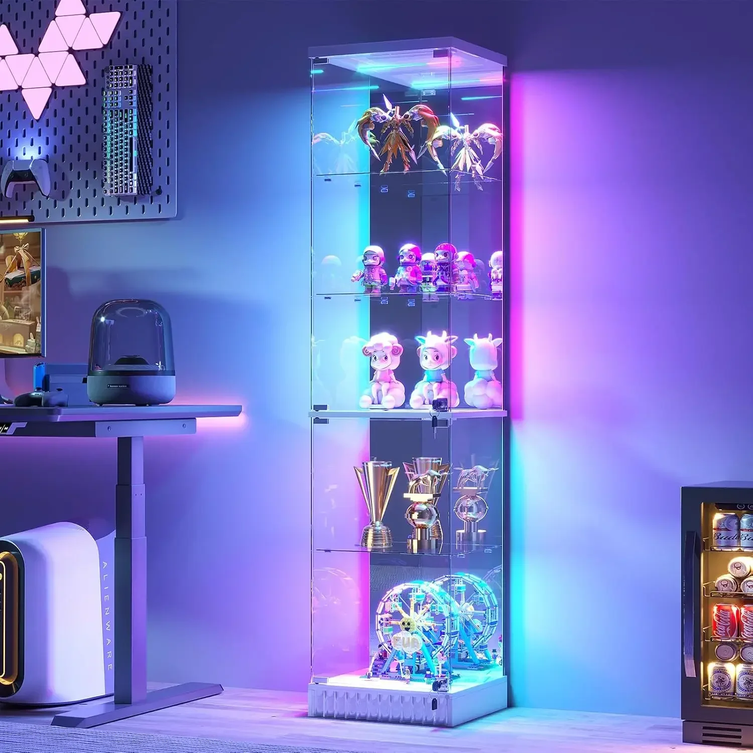 White 6 Tier Curio Cabinet Lockable Explosion Proof Glass Door RGB LED Motion Sensor Light Display Case For Collectibles