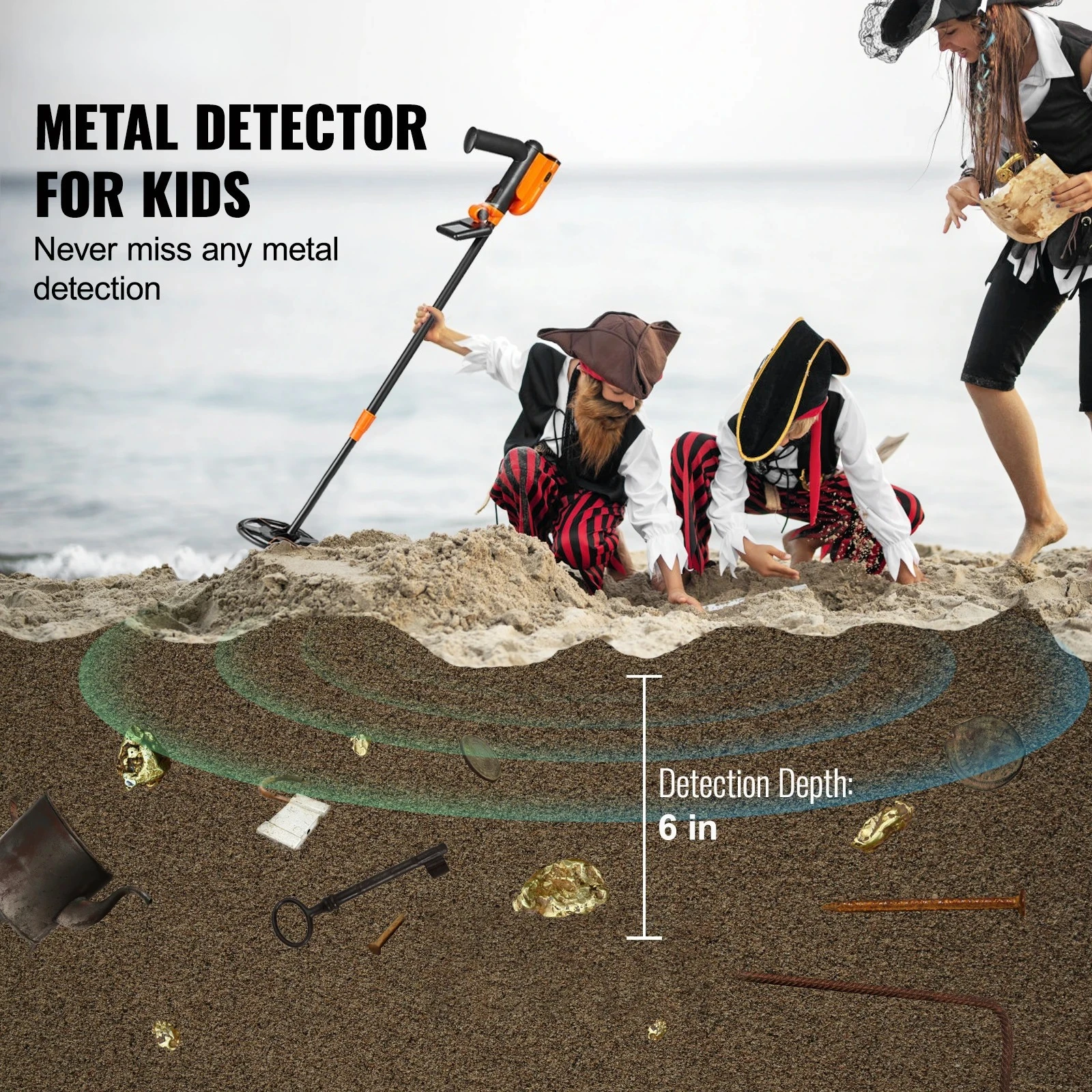 Metal Detector for Kids 6Inch 25''-37''Adjustable Length IP68 Waterproof Search Coil with LCD for Detecting Gold