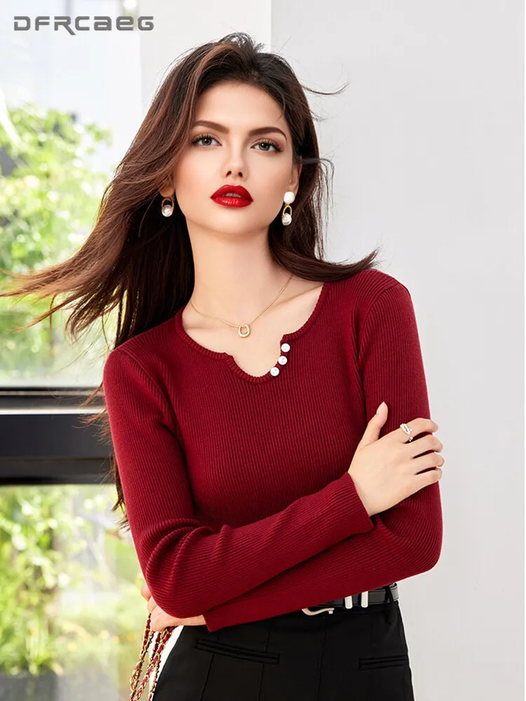 

European Style Long Sleeve Women Pullover Top With Button Autumn V-Neck Soft Stretch Knitted Bottoming Sweater Clothes