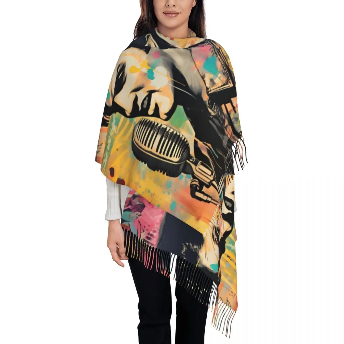 Womens Scarf with Tassel E-Elvis Presley Graffiti Poster Large Winter Fall Shawl and Wrap Musician Daily Wear Cashmere Scarf