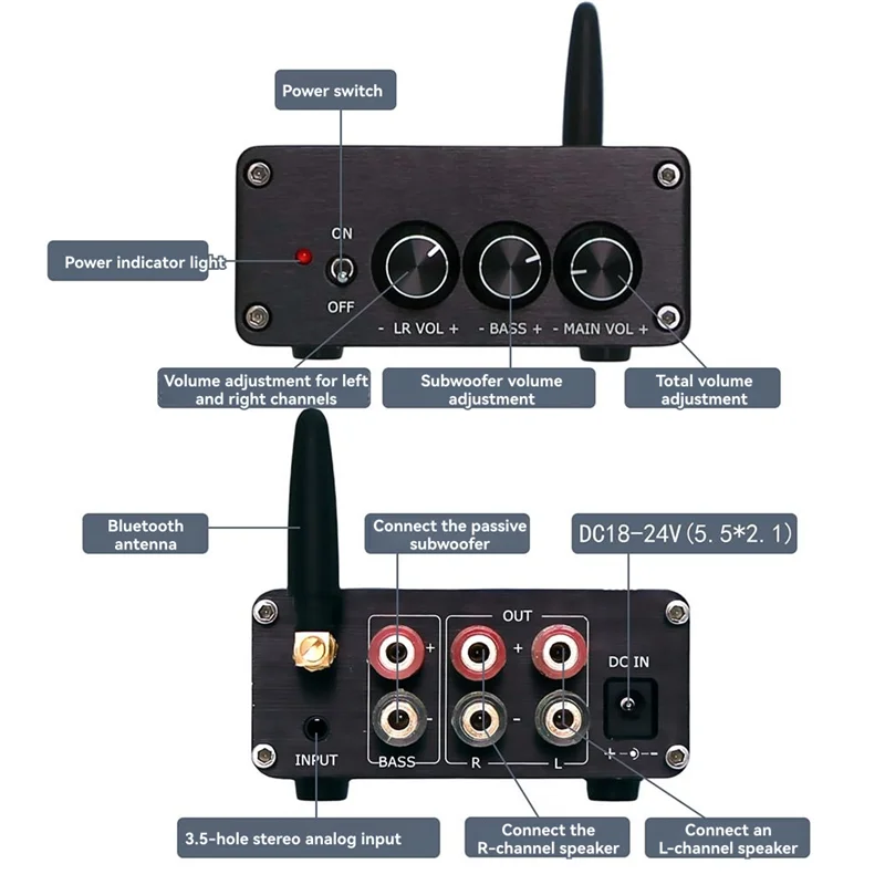 

B92B-HIFI Усилитель TPA3116 2.1 Высокая мощность QCC3034 Bluetooth 50 Втx 2 + 100 Вт Цифровой усилитель класса D