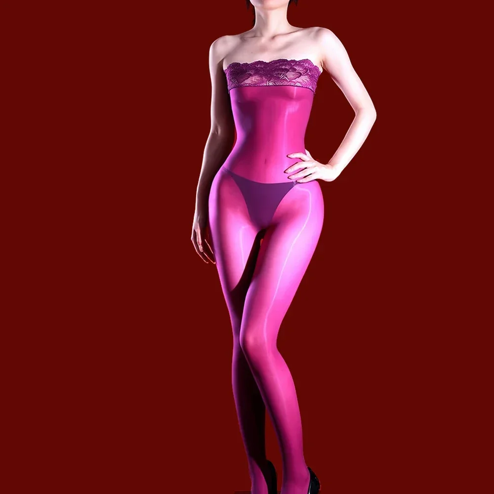 Women Strapless Jumpsuit Off The Shoulder Lace Tube Bodystockings Silky Ultra-Thin Perspective Open Crotch Lingerie Bodysuit