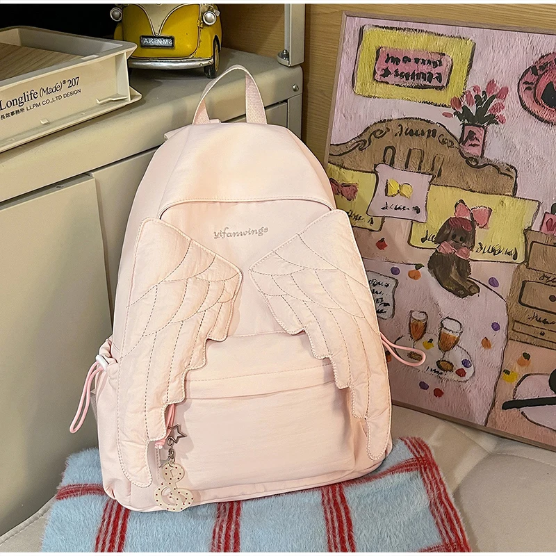 Fashion Angel Wings School Backpack Lightweight Travel Bag Large Capacity Korean Style Casual Shoulder Handbag Vintage Bag