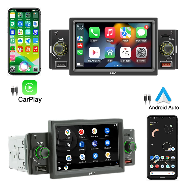 Car Radio CarPlay, 1 Din, Android-Auto, 5 Inch MP5 Player, Bluetooth, Hands Free, A2DP, USB, FM, Audio System, Head Unit 151C