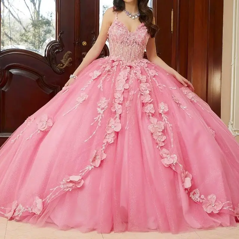 

Luxury Pink Shiny Quinceanera Dress Sequin Beads Flower Bow 2025 Ball Gown Sweep 16 Train Party Birthday Vestido De 15 Anos