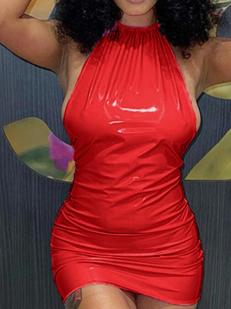 Sexy Shiny Candy Color Imitation PU Leather Slim Bodycon Dress Women Sleeveless Wrap Chest Skinny Dress Club Party Vestidos