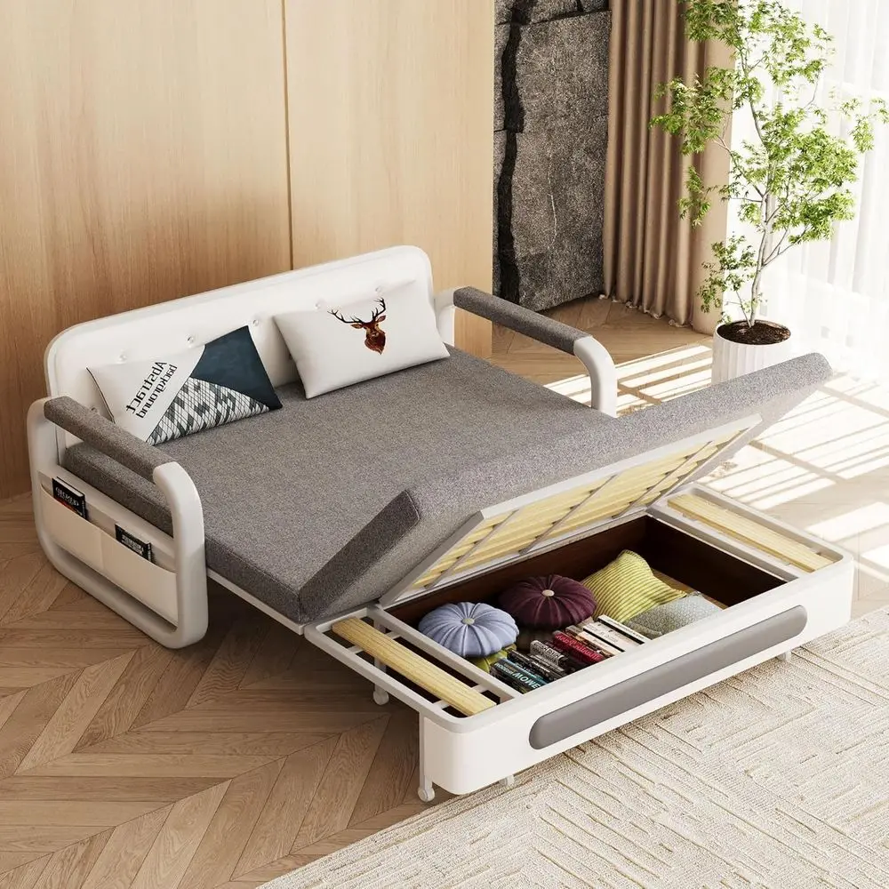 

Gray/White Sofa Daybed with Trundle, Sleeper Couch for Small Spaces: 34.6D x 62.2W x 34.2H