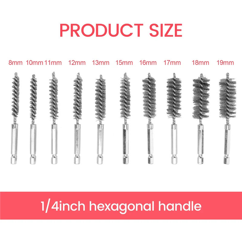A45M-Bore ชุดแปรง-1/4 นิ้ว Hex Shank Twisted Wire Bore แปรงที่แตกต่างกันขนแปรงความยาวสําหรับหลอดพอร์ตแบริ่งทําความสะอาด