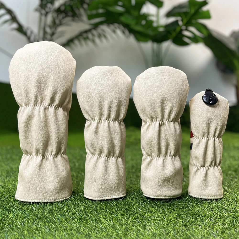 1pc/4pcs Beige Golf Wood Headcover Dual‑Stripe Number Print Golf Club Head Cover for Driver Fairway Hybrid 1/3/5 UT