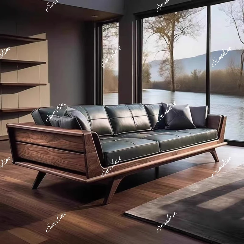 

Large and small apartment living room custom light luxury solid wood straight sofa