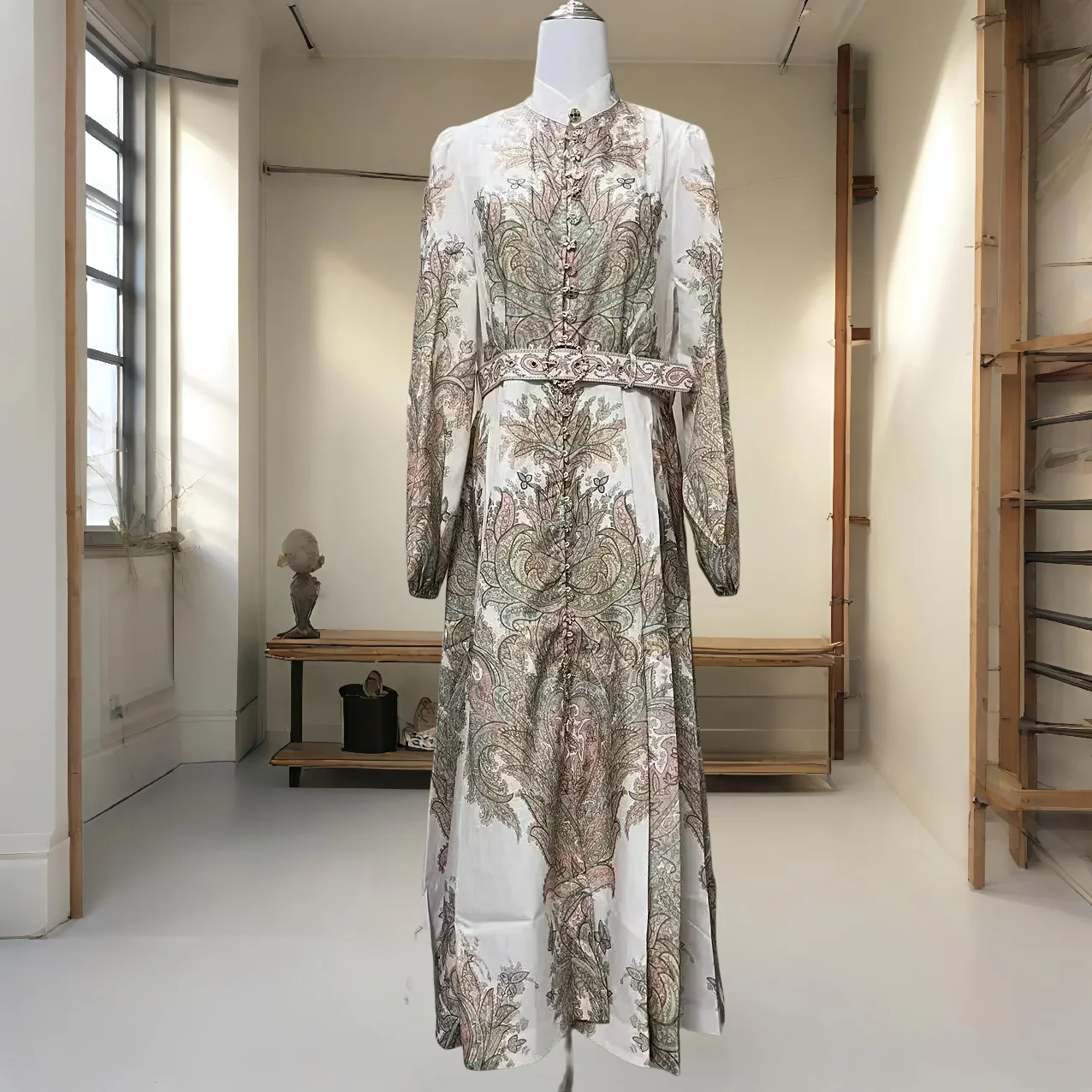 

,,Women Long Linen Dress with Single - Row Buttons Long Sleeves Prints Paired with a Belt and Pockets Suitable for Walks Outdoor