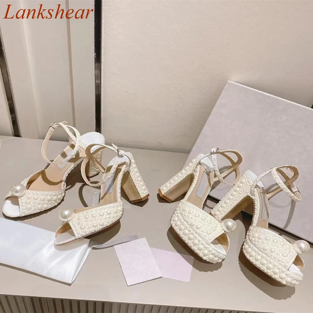 Peep Toe Pearl Women Sandals Square Heel Slingback White Spring Buckle Strap Wedding Fashion Sexy  Women Shoes 2024 New Arrivals