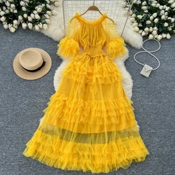 Chic Pleated Elegant Short Flare Sleeve O-neck Mesh Dresses Vintage Korean Fashion Evening Party Casual Women Summer Clothing