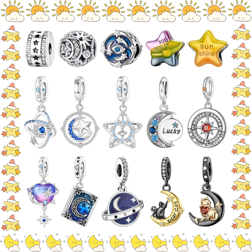 Brilliant 925 Sterling Silver Sun Star and Moon Kitten String Decoration Fit DIY Bracelet Necklace Party Jewelry Gifts