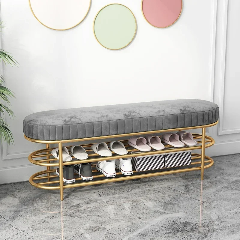 Nordic Light Luxury Metal Frame Shoe Changing Stool, Thickened Soft Padded Cushion, Household Entryway Shoe Stool for Home Use