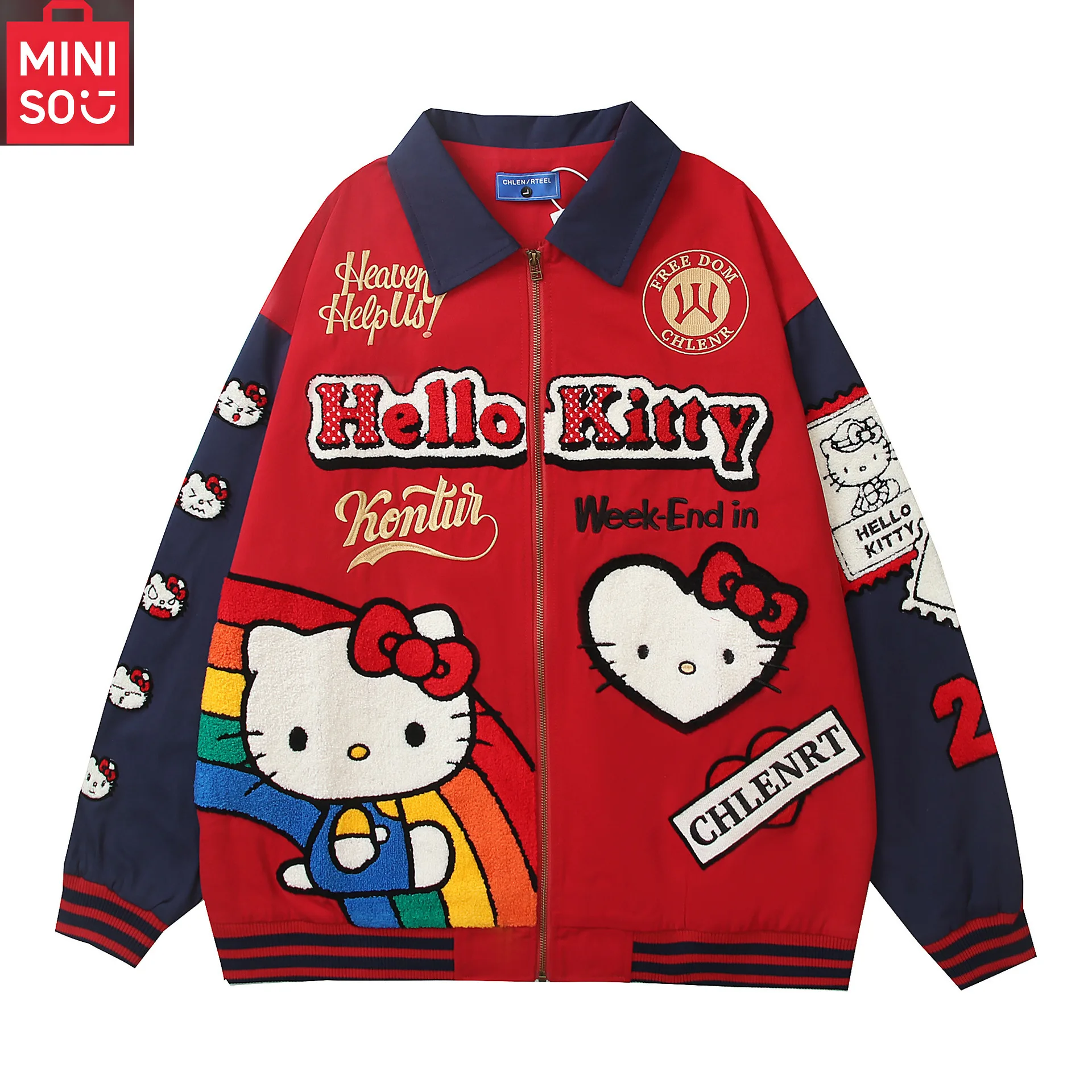 

MINISO HelloKitty Retro Jacket - Cartoon Embroidered Couple's Coat, Oversized Style, Loose and Fashionable Autumn/Winter Coat