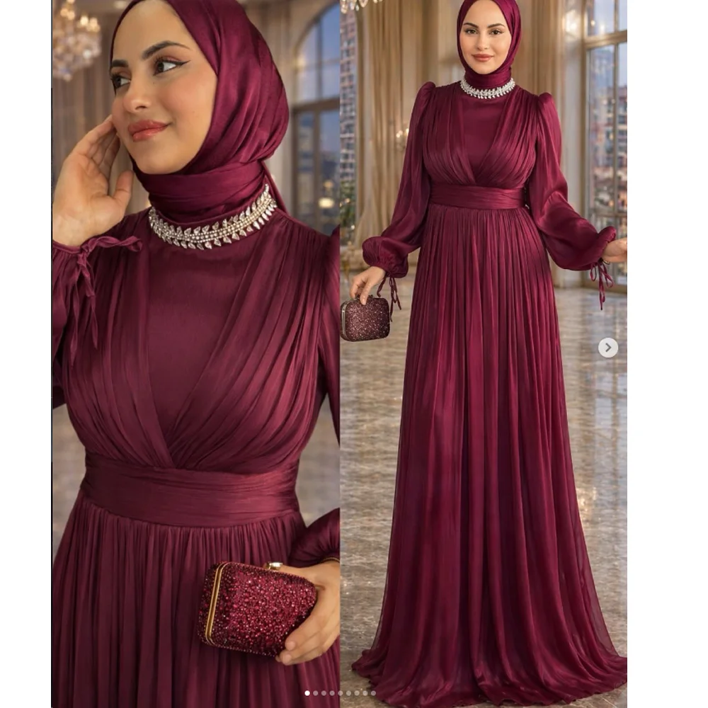 

Customized Made Burgundy Muslim Evening Dress Chiffon Long Sleeve Beaded Collar Formal Gown