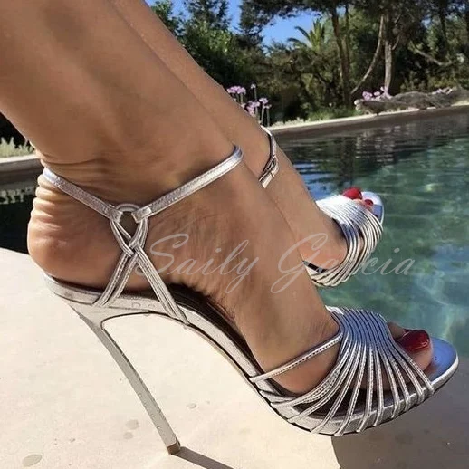 

Cut Out Silver Sandals Stiletto Twist Peep Toe Belt Buckle Ankle Strap Slingback Women Seay High Heel Sandals Party Dress Shoes