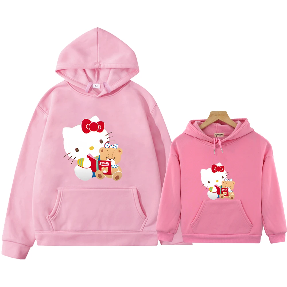 Sweats à capuche College Hello Kitty pour maman et fille, vêtements assortis, pull d'automne, chemise de protection Smile, tenue de famille décontractée, Y2K